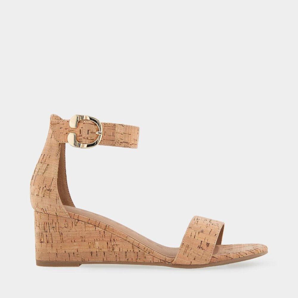 AEROSOLES Willis Cork Wedge Sz 10 Comfortable Ankle Strap Mid Wedge Sandal